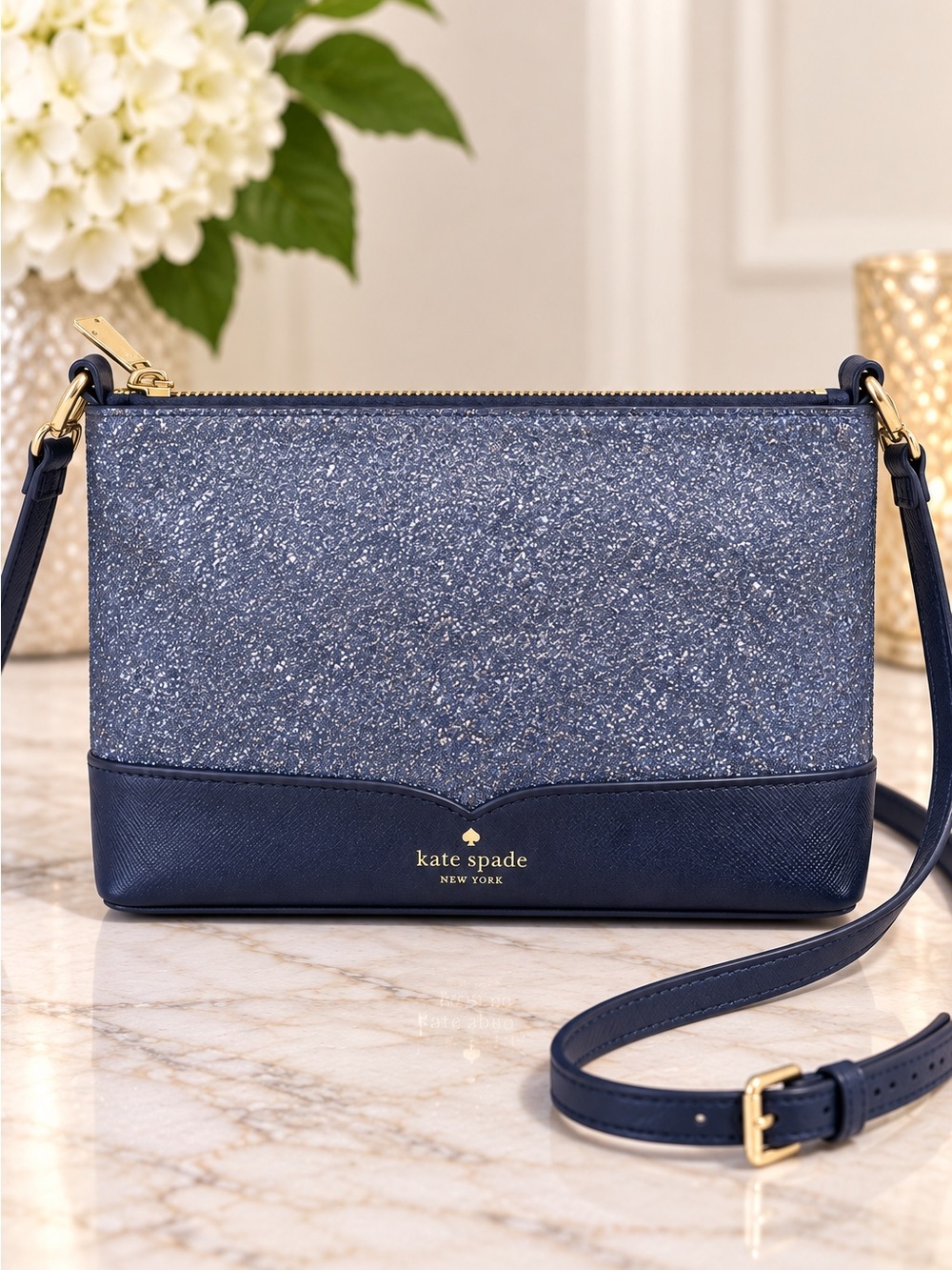 Kate Spade Lola Navy Blue Glitter Crossbody Bag Leather Like New